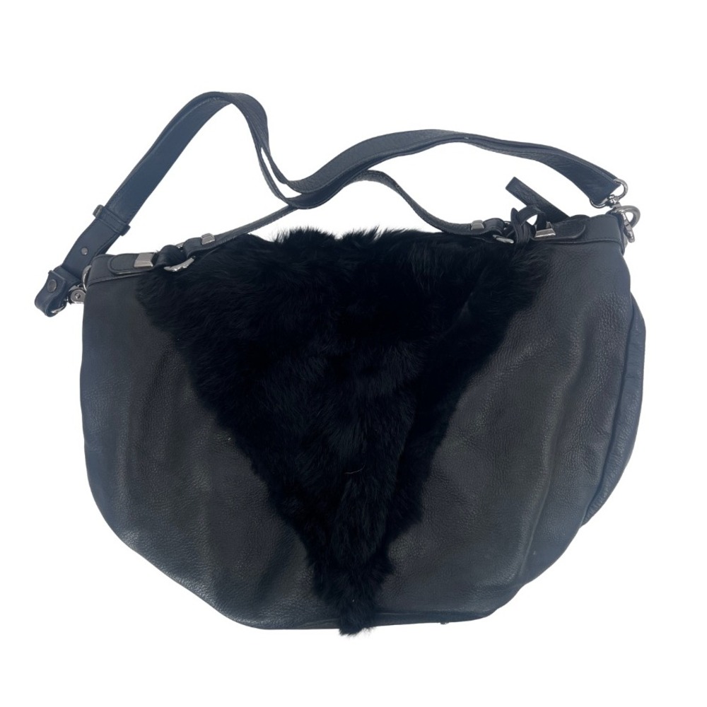 Abro Black Leather &‎ Faux Fur Studded Slouchy Shoulder Bag Dark Edgy Mob Wife